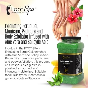 FOOT SPA - Gel exfoliante, 128 oz - Exfoliante para manicura, pedicura y cuerpo con aloe vera y ácido salicílico - Ilumina, pule, suaviza e hidrata la piel - A granel, recarga de galón 