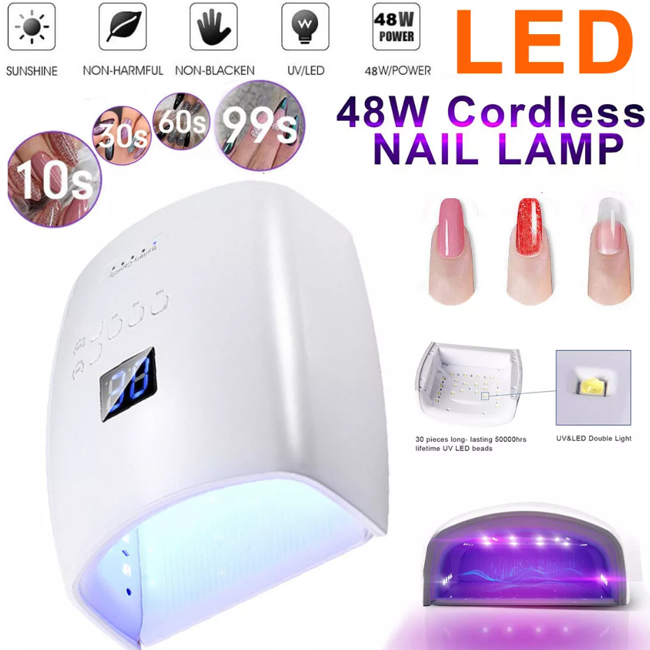 White 48W Cordless Wireless Rechargeable LED/UV Nail Lamp Gel Polish Nail Dryer