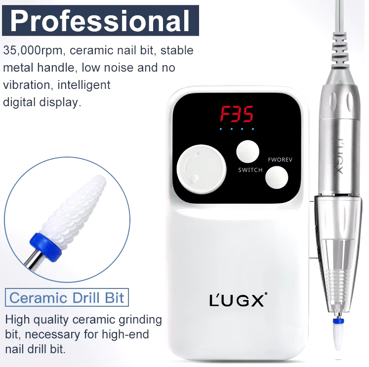 LUGX Nail Equipment Professional 35000rpm Acrylic Cordless Electric Rechargeable Portable Nail Drill Machine